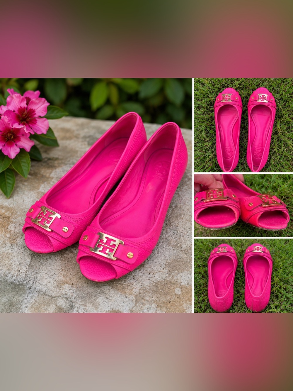 Tory Burch Clines Ballet Flats Hot Pink Leather Gold Logo Buckle Size 7